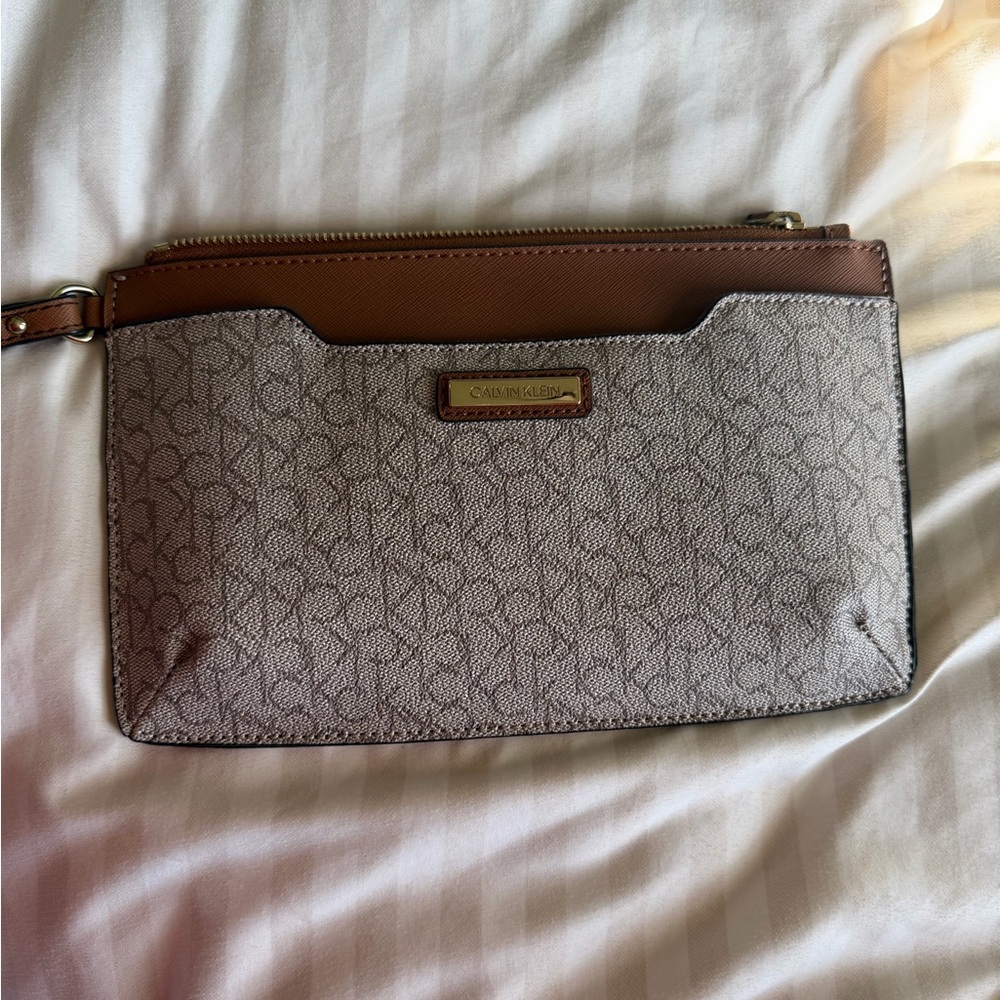 Calvin Klein Taupe Logo Wristlet with Brown Trim